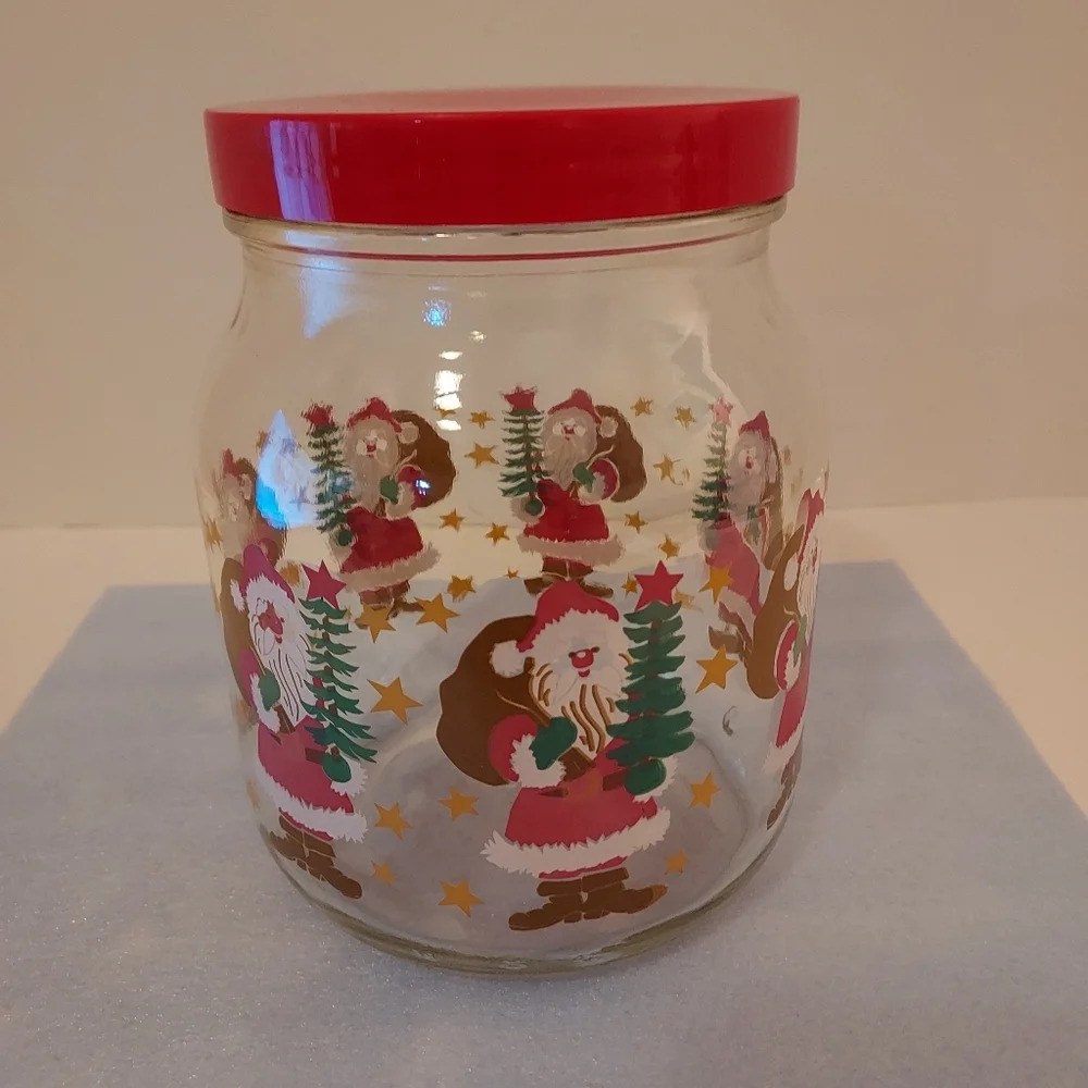 Vintage Glass Santa with Presents Holding a Tree Canister/Cookie Jar with Lid